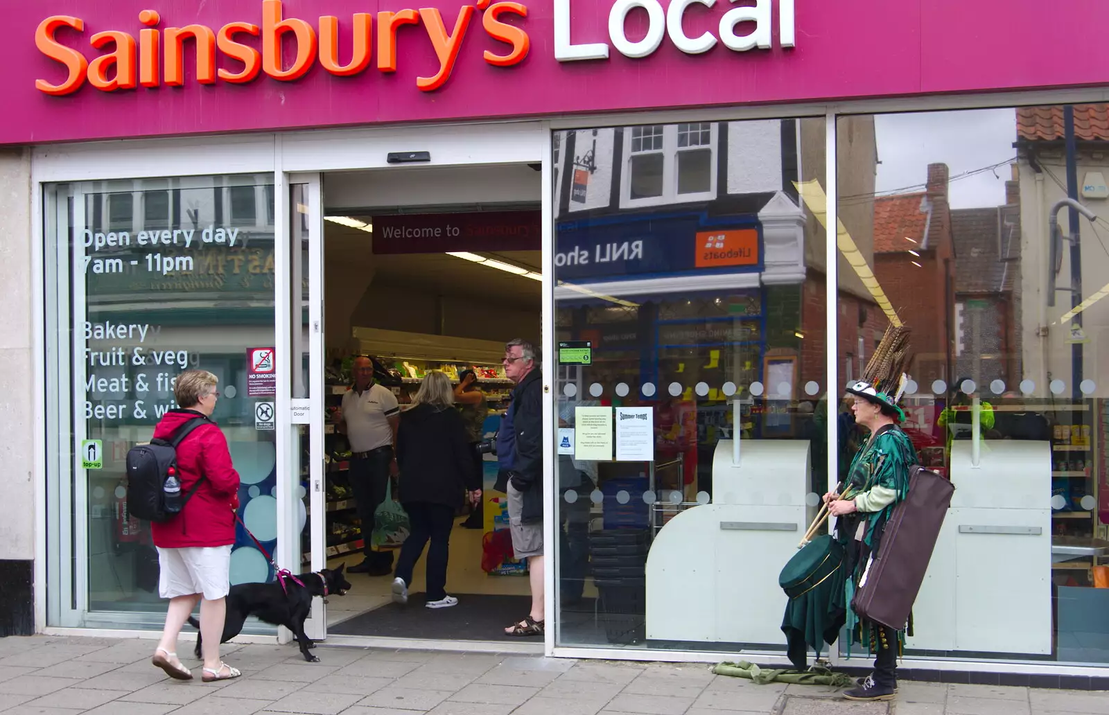 A lone Morris plays drums outside Sainsbury's, from Kelling Camping and the Potty Morris Festival, Sheringham, North Norfolk - 6th July 2019