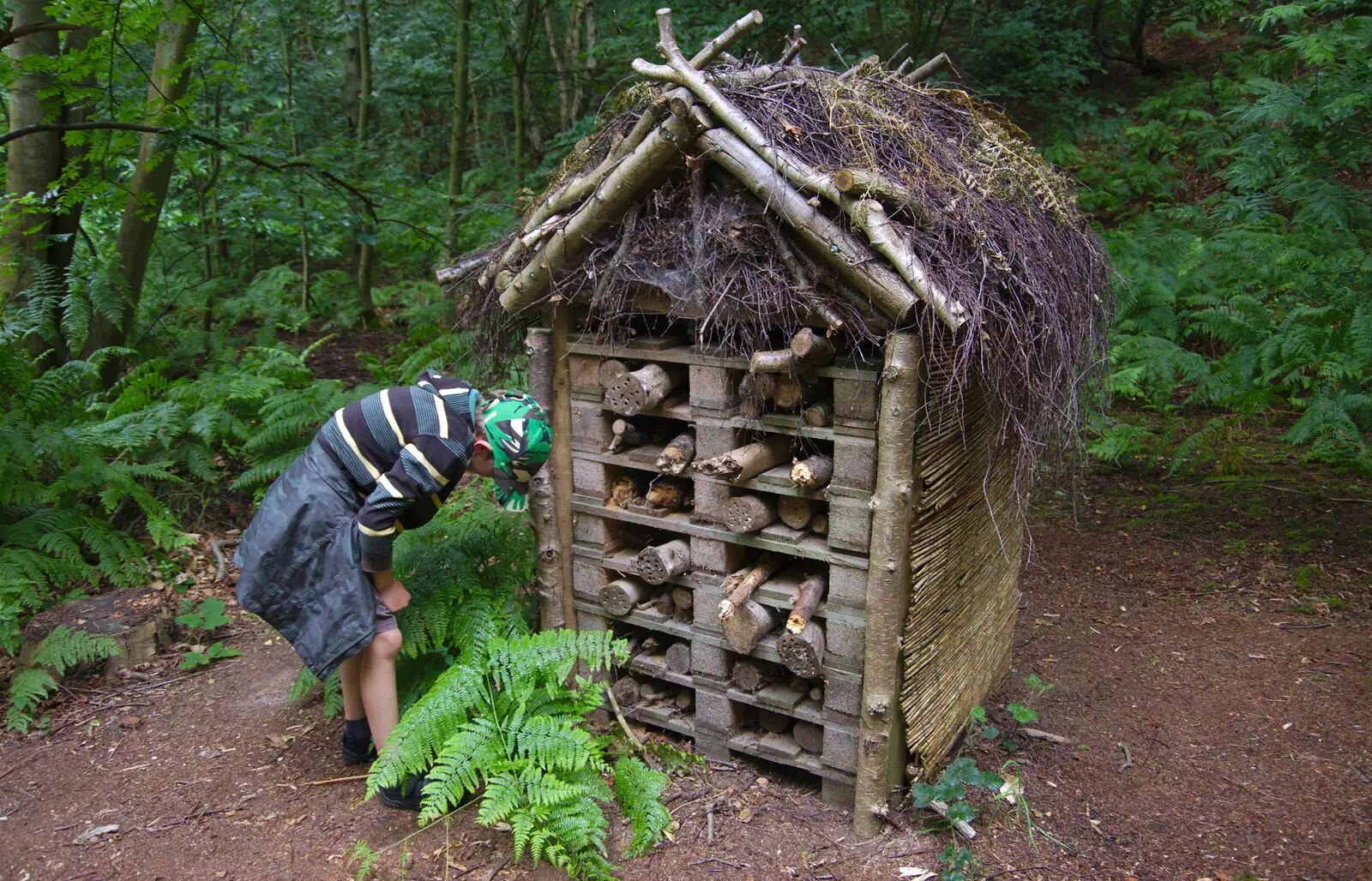 Fred inspects an epic bug hotel, from Kelling Camping and the Potty Morris Festival, Sheringham, North Norfolk - 6th July 2019