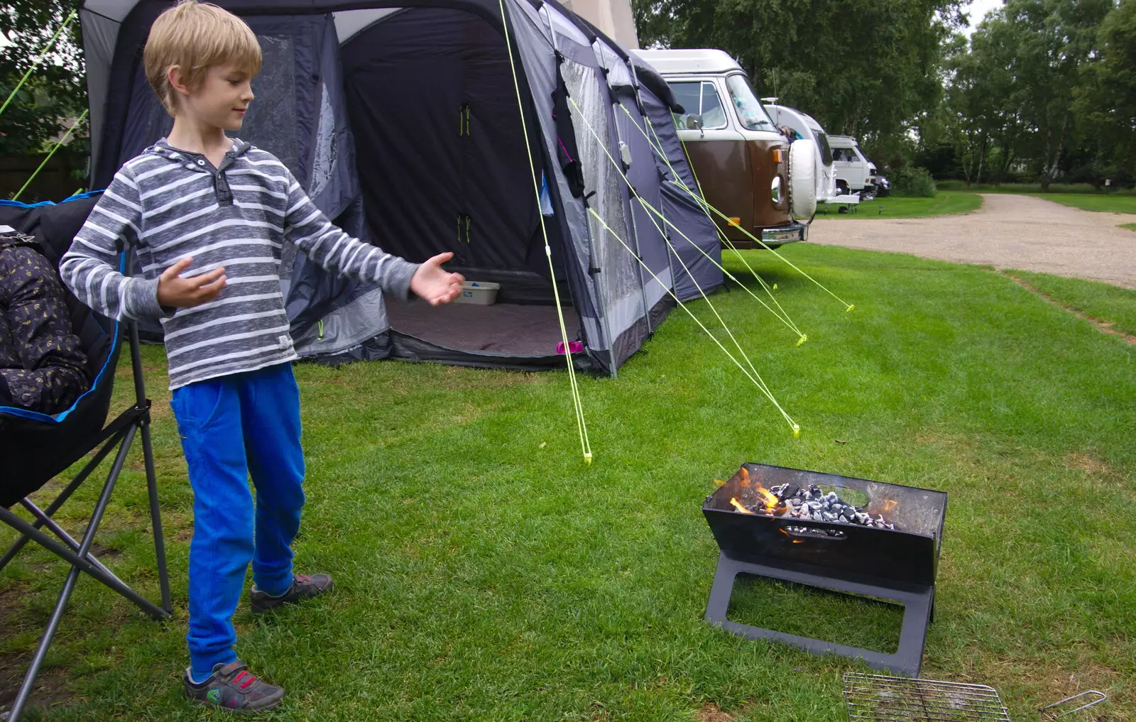 Harry does some of his Ninja moves on the barbeque, from Kelling Camping and the Potty Morris Festival, Sheringham, North Norfolk - 6th July 2019