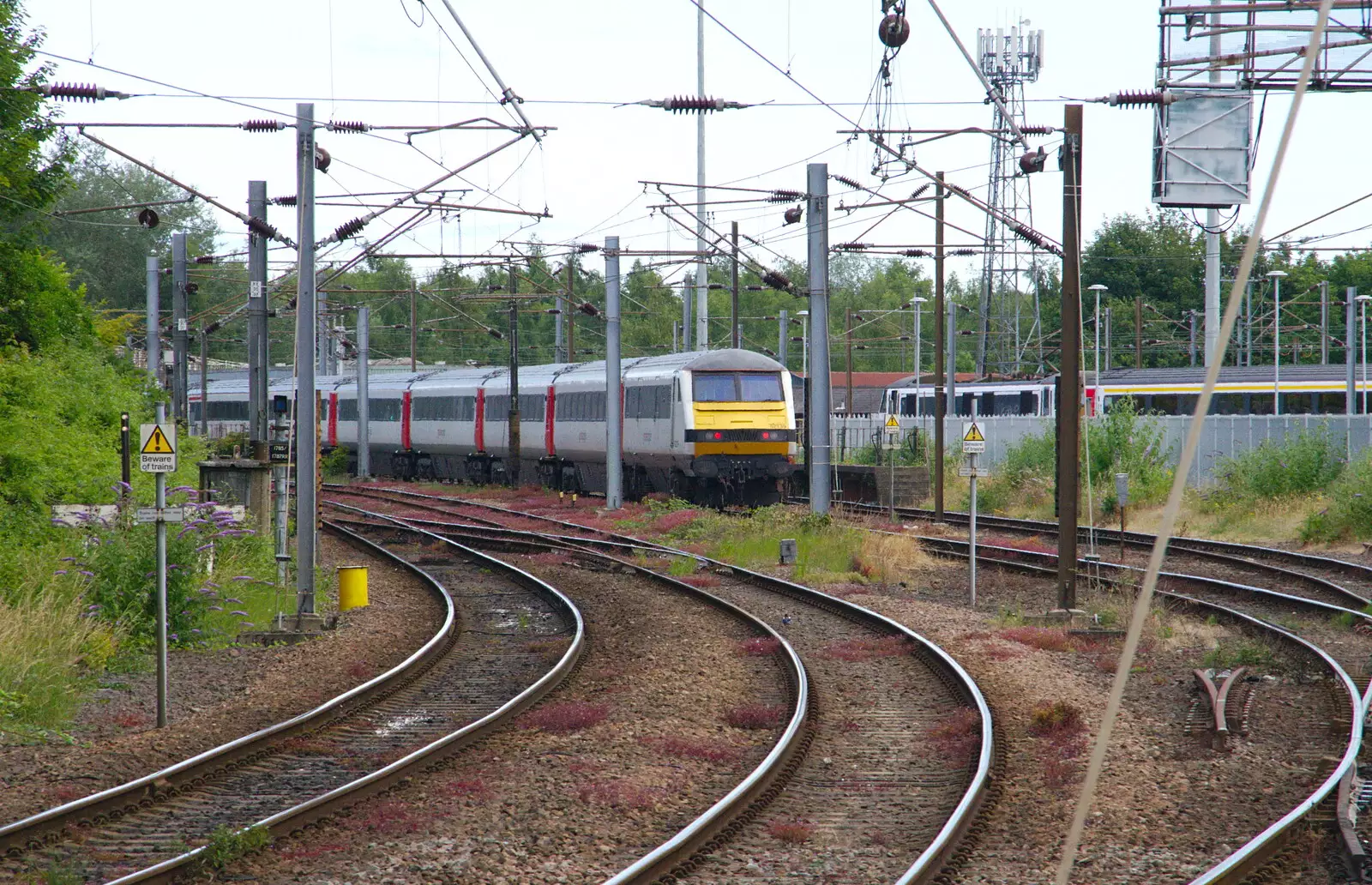 The Class 90/Mark 3 Intercity heads off to London, from Kelling Camping and the Potty Morris Festival, Sheringham, North Norfolk - 6th July 2019