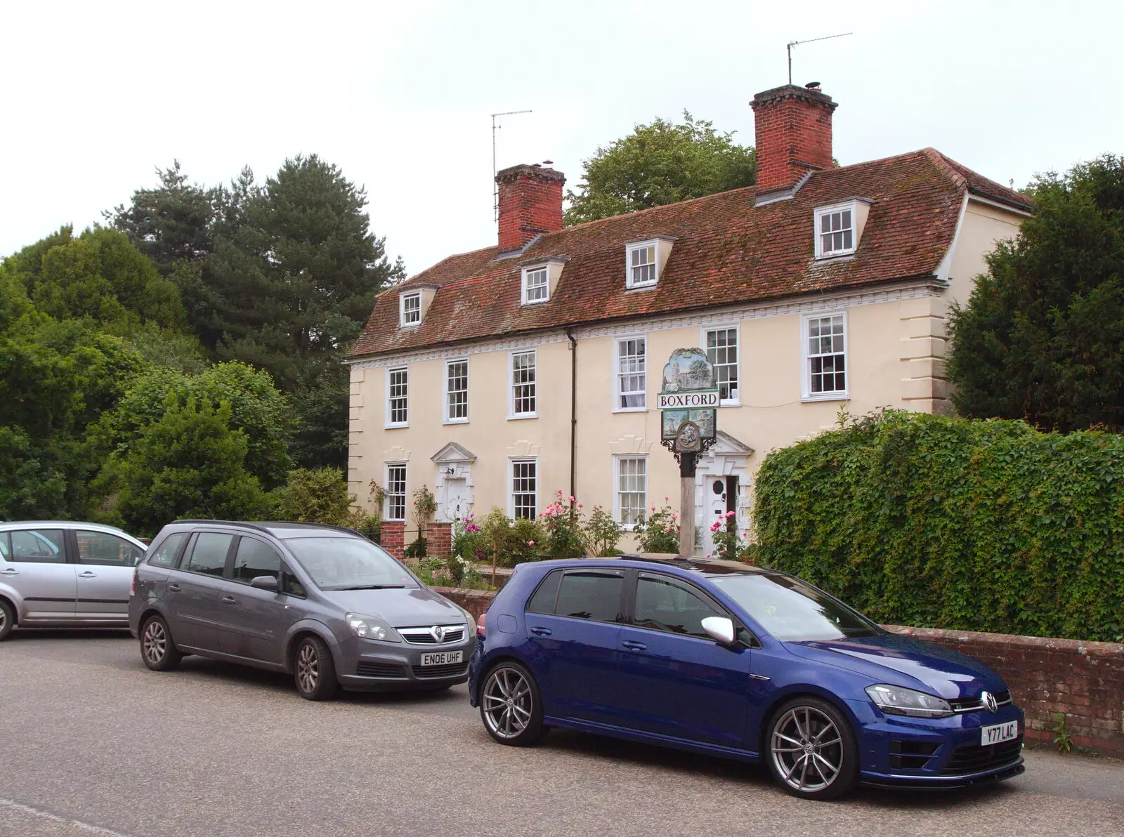 Another grand house and the Boxford sign, from A Postcard from Boxford and BSCC at Pulham, Suffolk and Norfolk - 13th July 2019