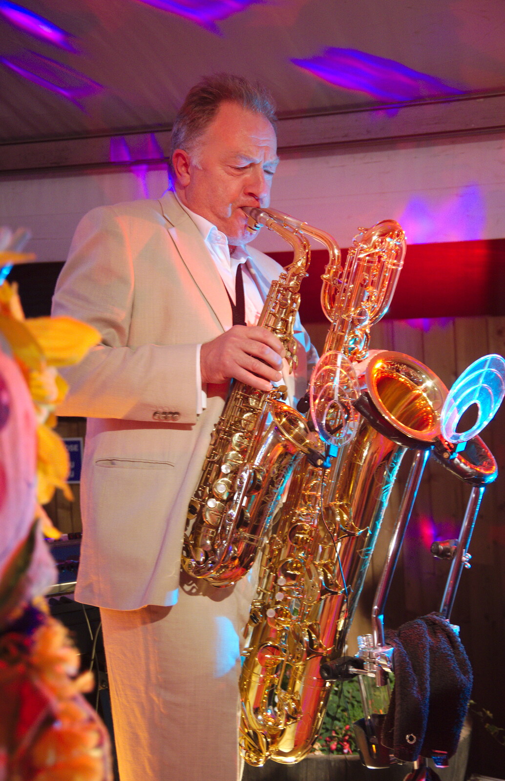 The sax dude plays two horns at once from The Shakesbeer Festival, Star Wing Brewery, Redgrave, Suffolk - 13th July 2019