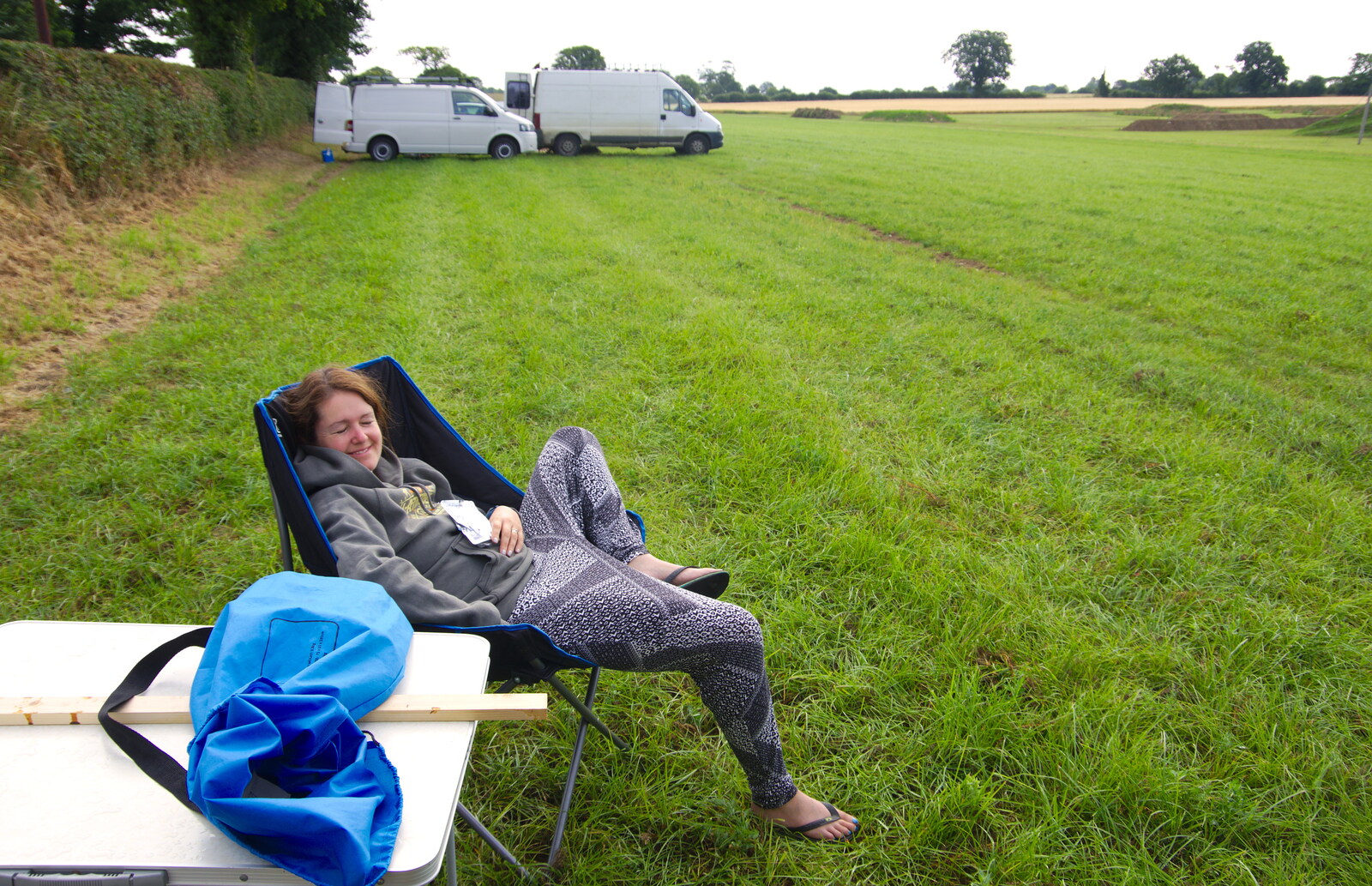 The next morning, Isobel sits in a camp chair from The Shakesbeer Festival, Star Wing Brewery, Redgrave, Suffolk - 13th July 2019