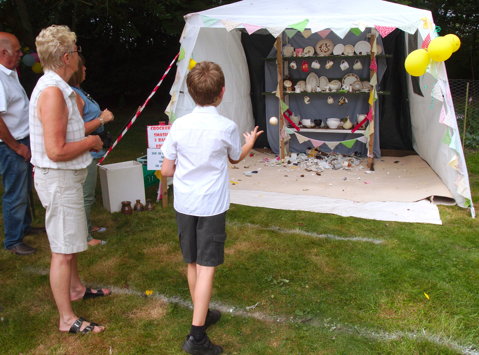 Fred has a go at the crockery smash from GSB at the Summer Fete, Market Weston, Suffolk - 20th July 2019
