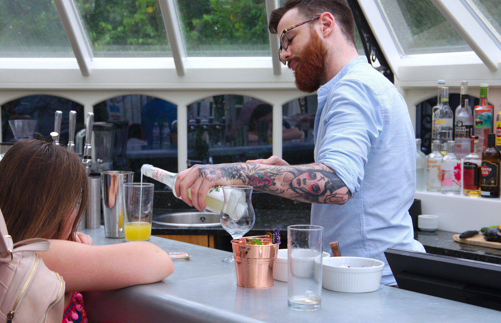 The barman makes a mocktail from Anita and Alex's Leaving Do, The Oaksmere, Brome, Suffolk - 27th July 2019
