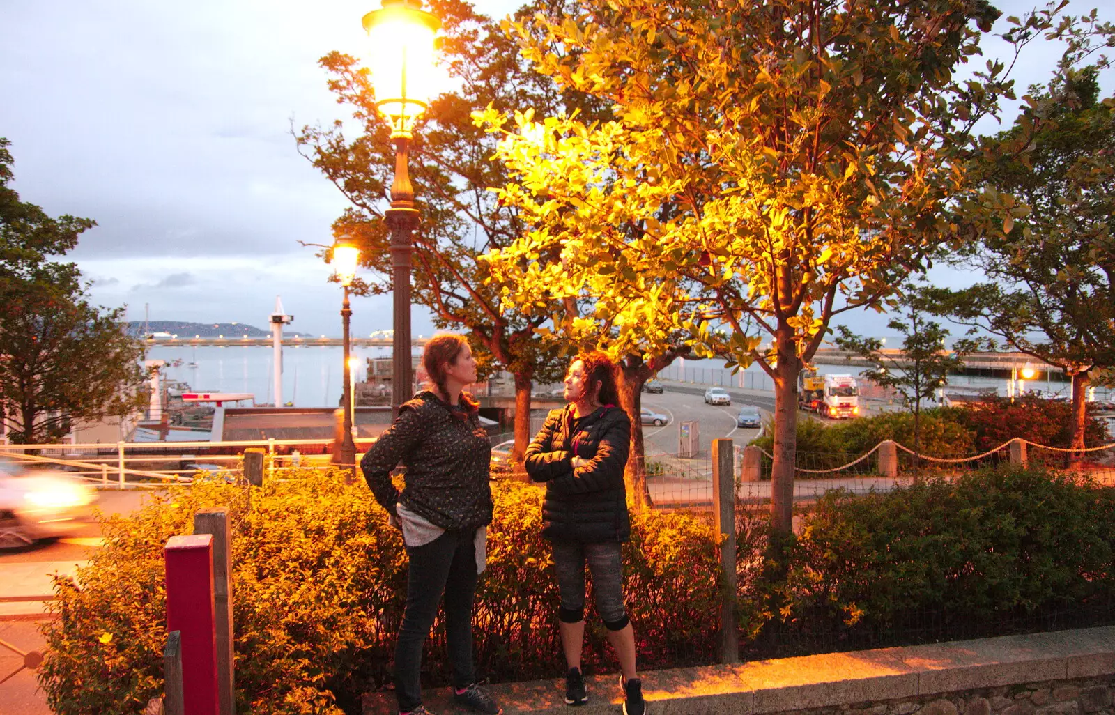 Isobel and Evelyn under a street light, from The Summer Trip to Ireland, Monkstown, Co. Dublin, Ireland - 9th August 2019