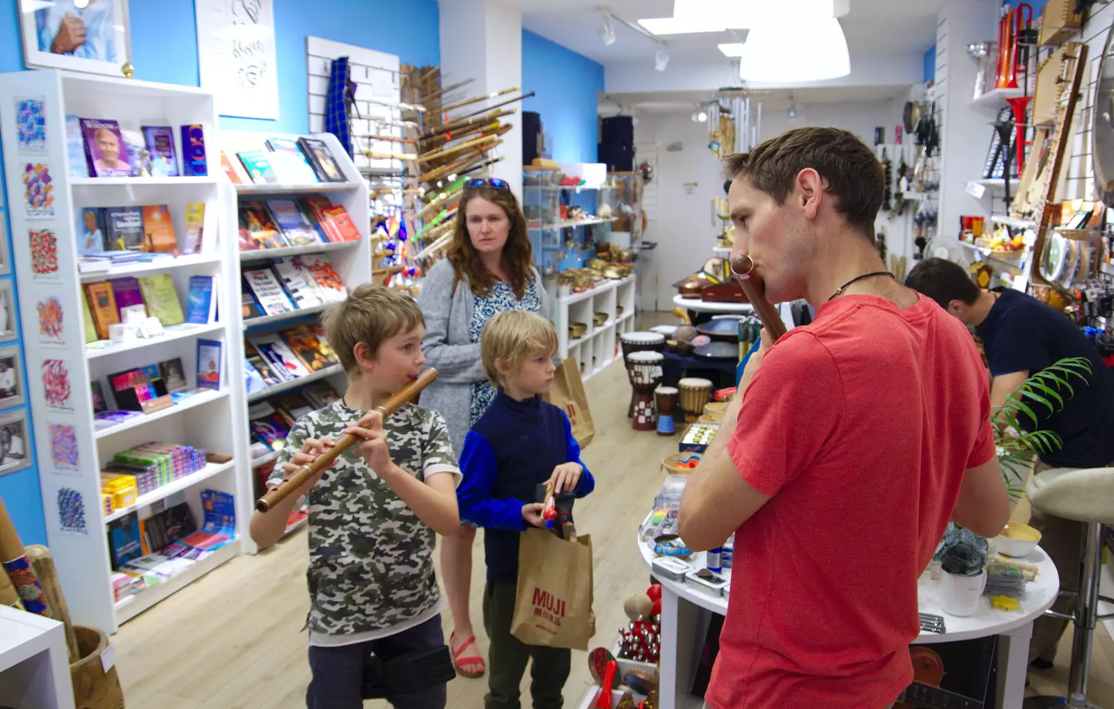 Fred tries Irish flute in a world-music shop, from Busking in Temple Bar, Dublin, Ireland - 12th August 2019