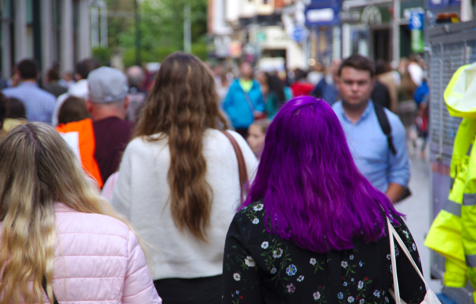Very purple hair on Grafton Street from Busking in Temple Bar, Dublin, Ireland - 12th August 2019