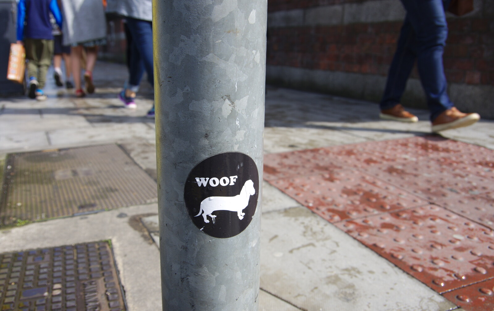 A sticker aimed at dogs from Busking in Temple Bar, Dublin, Ireland - 12th August 2019