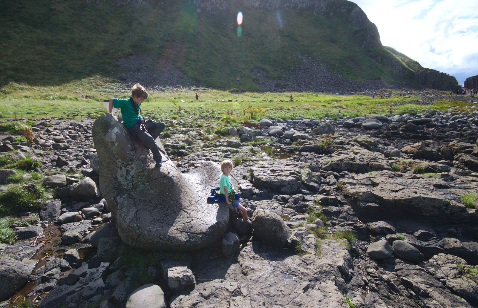 The boys on the giant's shoe from The Giant's Causeway, Bushmills, County Antrim, Northern Ireland - 14th August 2019