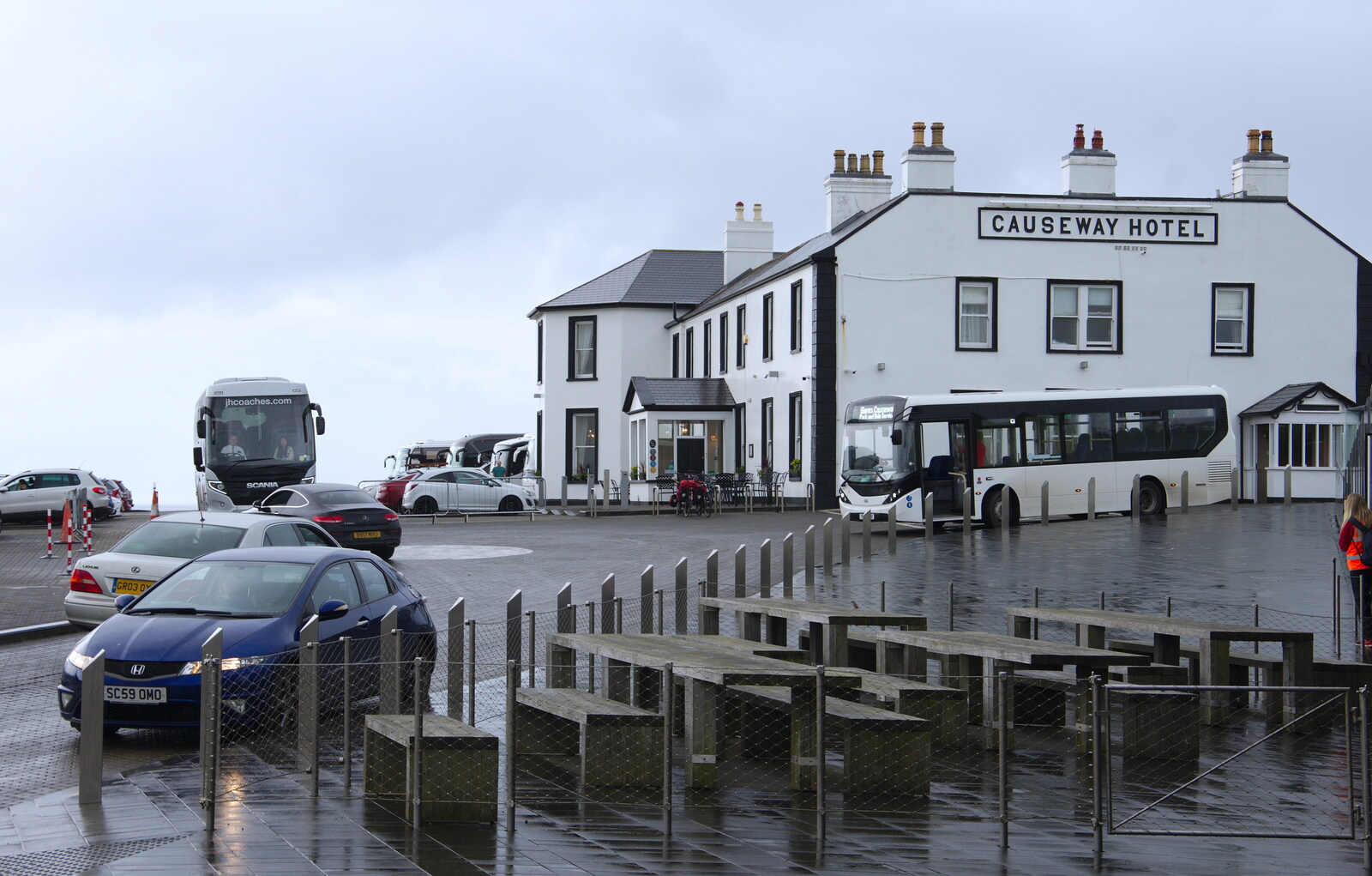The Causeway Hotel in the rain from The Giant's Causeway, Bushmills, County Antrim, Northern Ireland - 14th August 2019