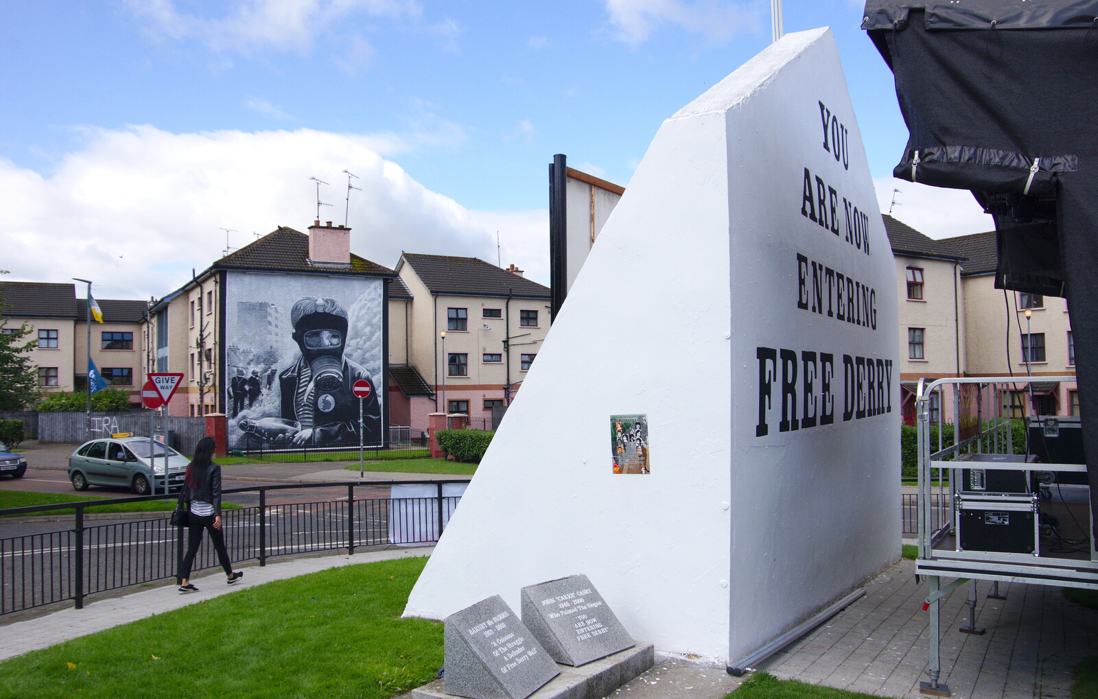 The famous 'Free Derry' sign is a bit blocked from A Day in Derry, County Londonderry, Northern Ireland - 15th August 2019
