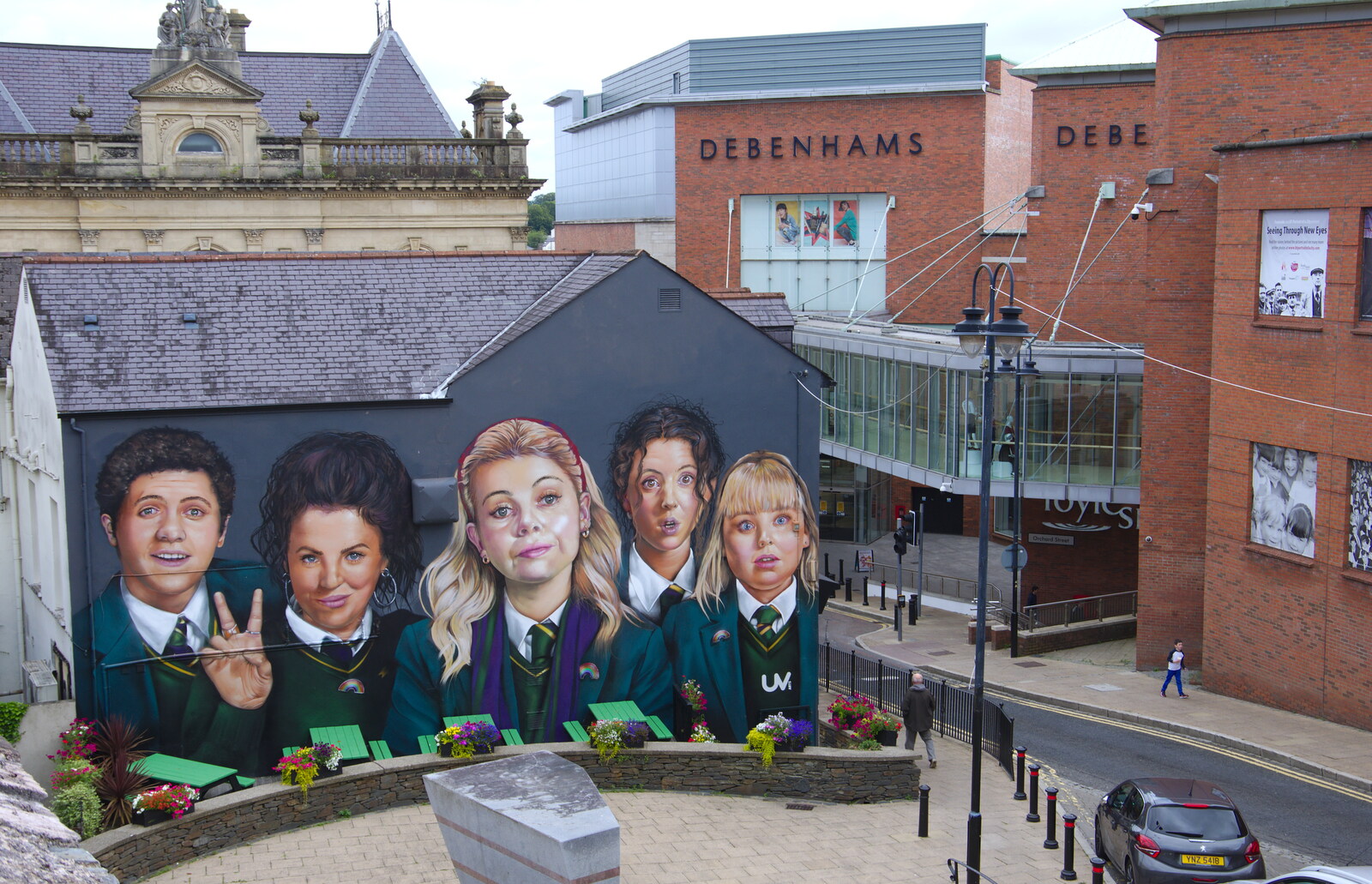 The Derry Girls and Debenhams in the background from A Day in Derry, County Londonderry, Northern Ireland - 15th August 2019