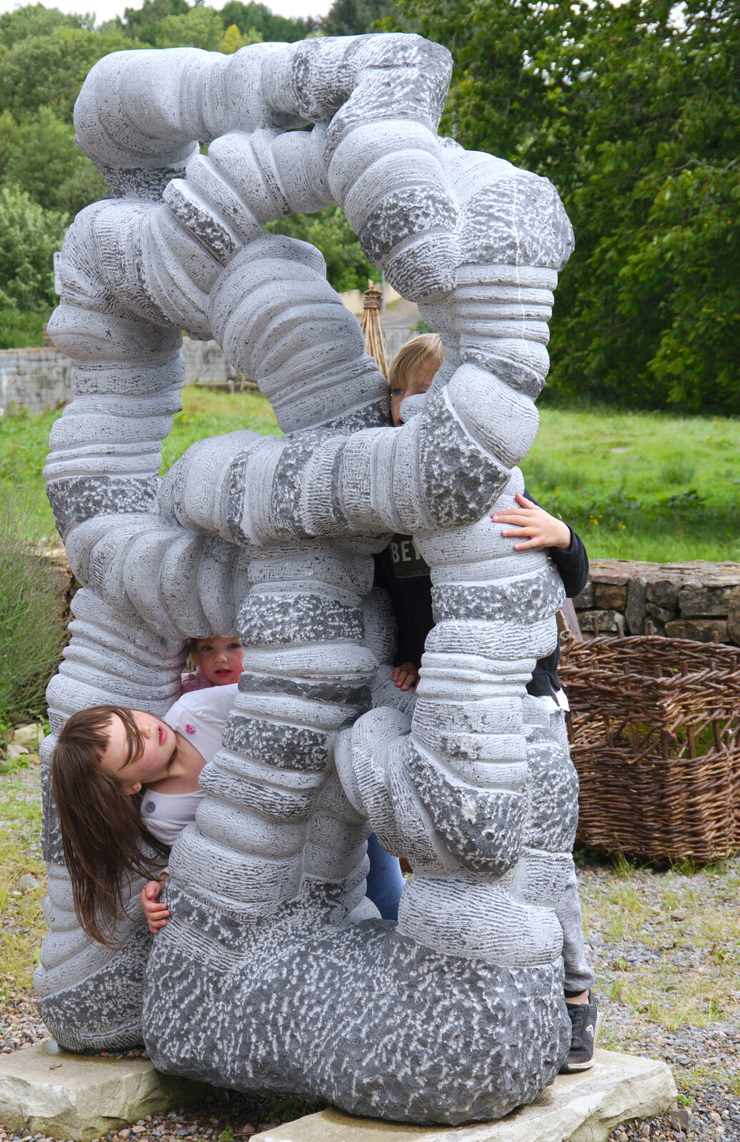 The children mess around in a knotty sculpture from Open Mic Night, Bía Sláinte, Manorhamilton, Ireland - 17th August 2019