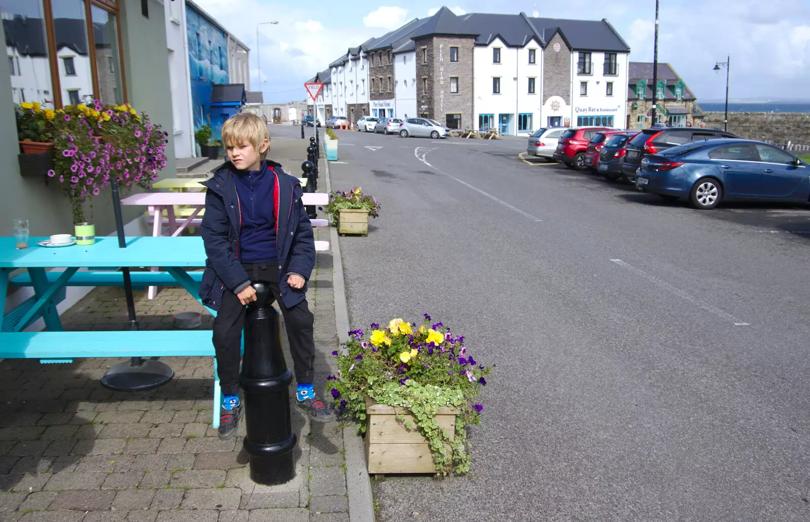 Harry on a bollard, from Mullaghmore Beach and Marble Arch Caves, Sligo and Fermanagh, Ireland - 19th August 2019