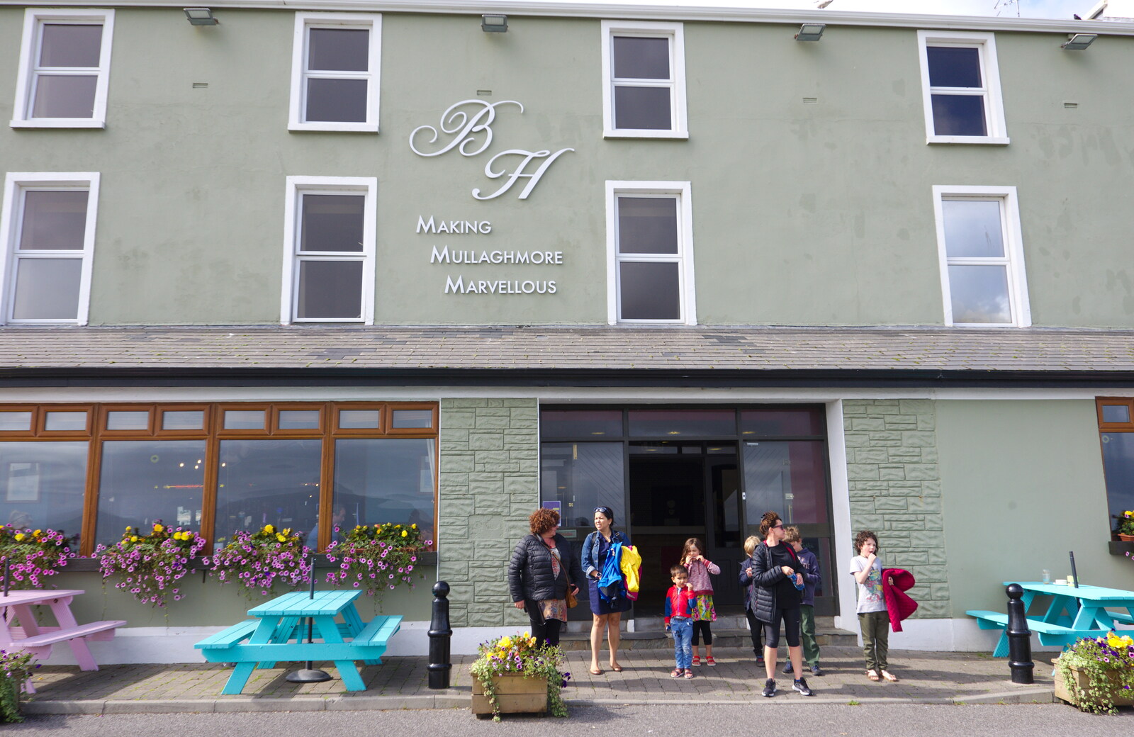 The gang outside the BH Hotel from Mullaghmore Beach and Marble Arch Caves, Sligo and Fermanagh, Ireland - 19th August 2019