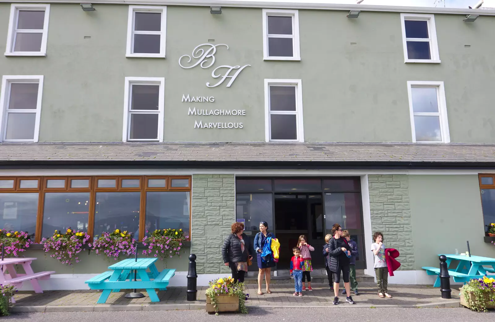 The gang outside the BH Hotel, from Mullaghmore Beach and Marble Arch Caves, Sligo and Fermanagh, Ireland - 19th August 2019