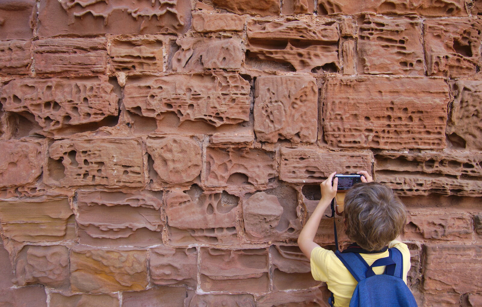 Fred inspects some awesome sanstone erosion from Kenilworth Castle and the 69th Entry Reunion Dinner, Stratford, Warwickshire - 14th September 2019