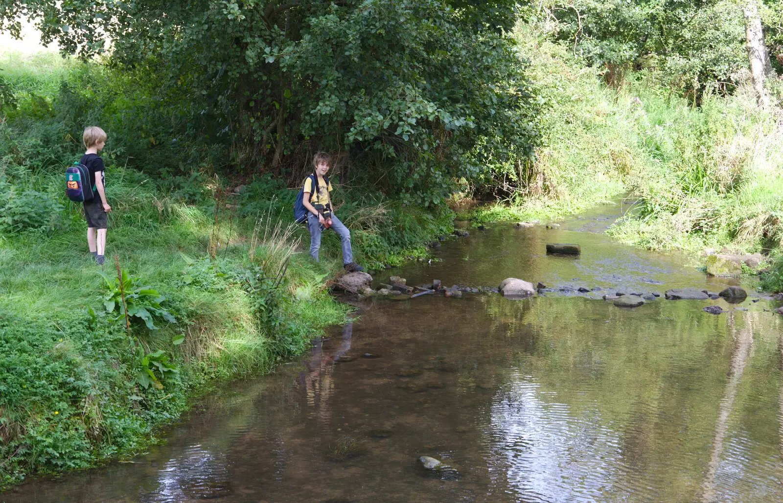 The boys want to cross via the stepping stones, from Kenilworth Castle and the 69th Entry Reunion Dinner, Stratford, Warwickshire - 14th September 2019