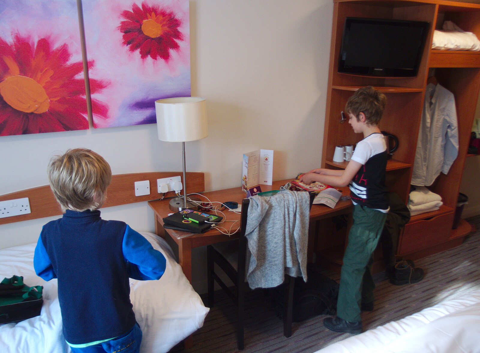 The boys in the Premier Inn bedroom from A Trip to the South Coast, Highcliffe, Dorset - 20th September 2019