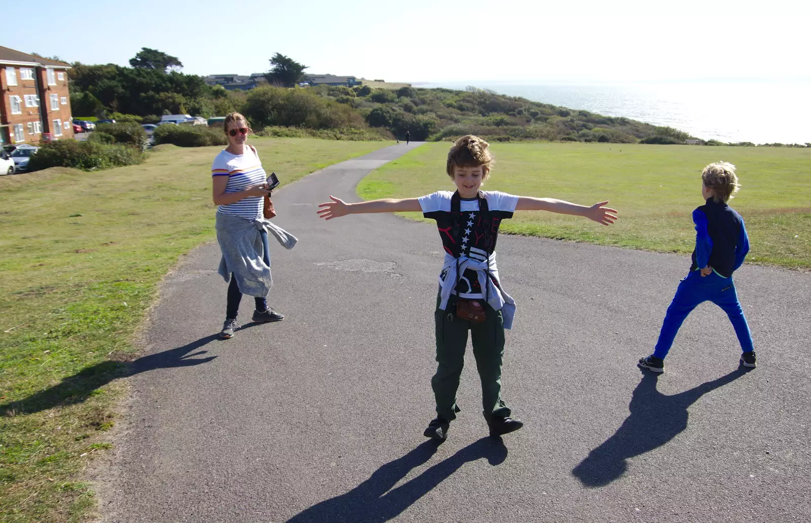 Fred sticks his arms out in the wind, from A Trip to the South Coast, Highcliffe, Dorset - 20th September 2019