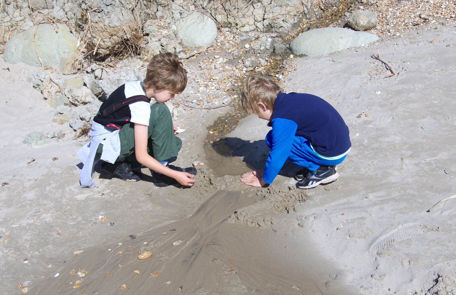 The boys build a dam out of sand from A Trip to the South Coast, Highcliffe, Dorset - 20th September 2019