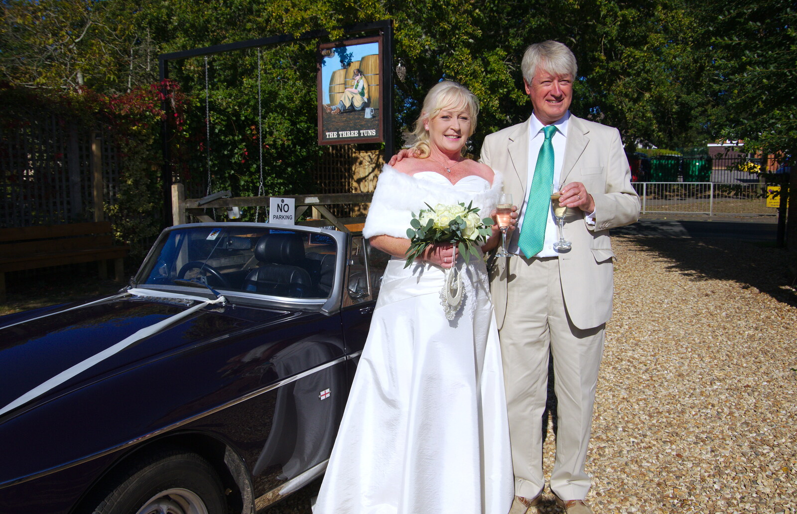 There's a pose by the car - a purple MG BGT from Neil and Martina's Wedding, The Three Tuns, Bransgore, Dorset - 20th September 2019