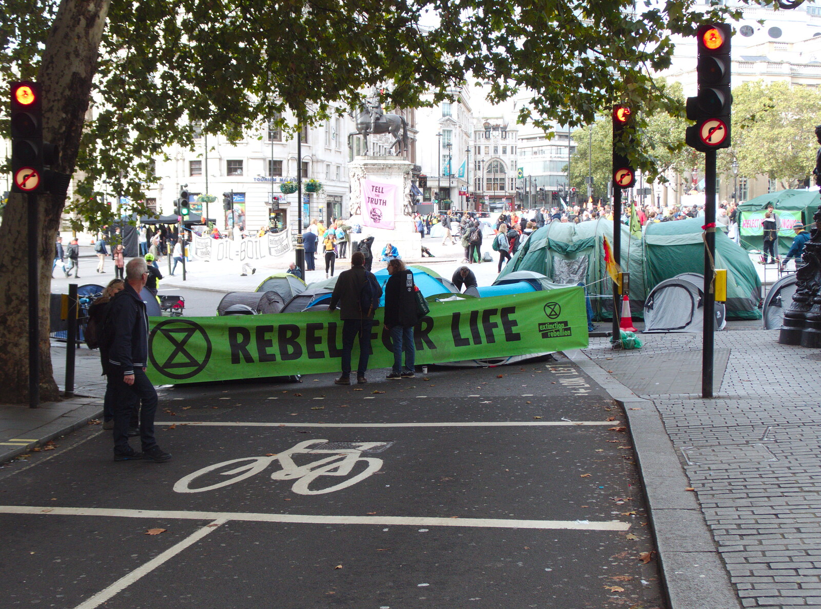 Northumberland Avenue is blocked off from The Extinction Rebellion Protest, Westminster, London - 9th October 2019
