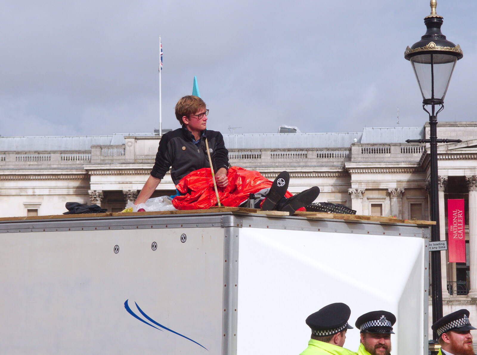 Some dude sits on top of a van from The Extinction Rebellion Protest, Westminster, London - 9th October 2019
