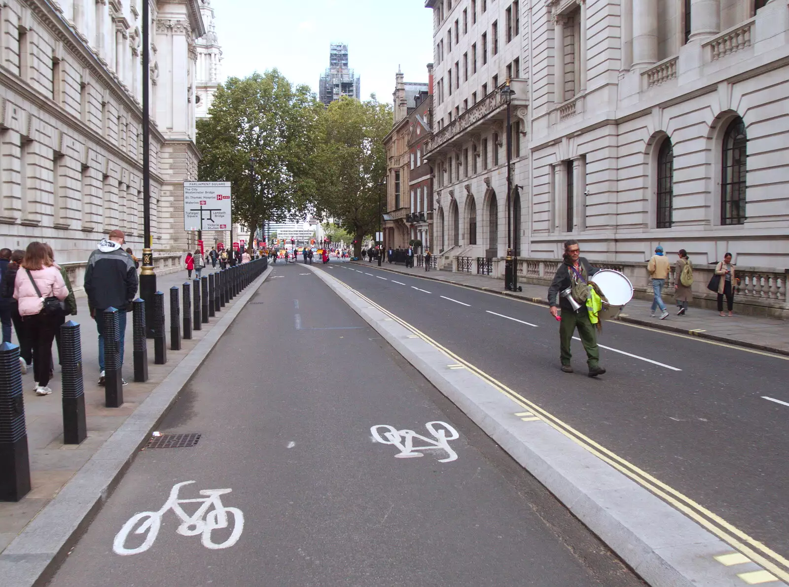 A lone drummer prowls the closed roads, from The Extinction Rebellion Protest, Westminster, London - 9th October 2019