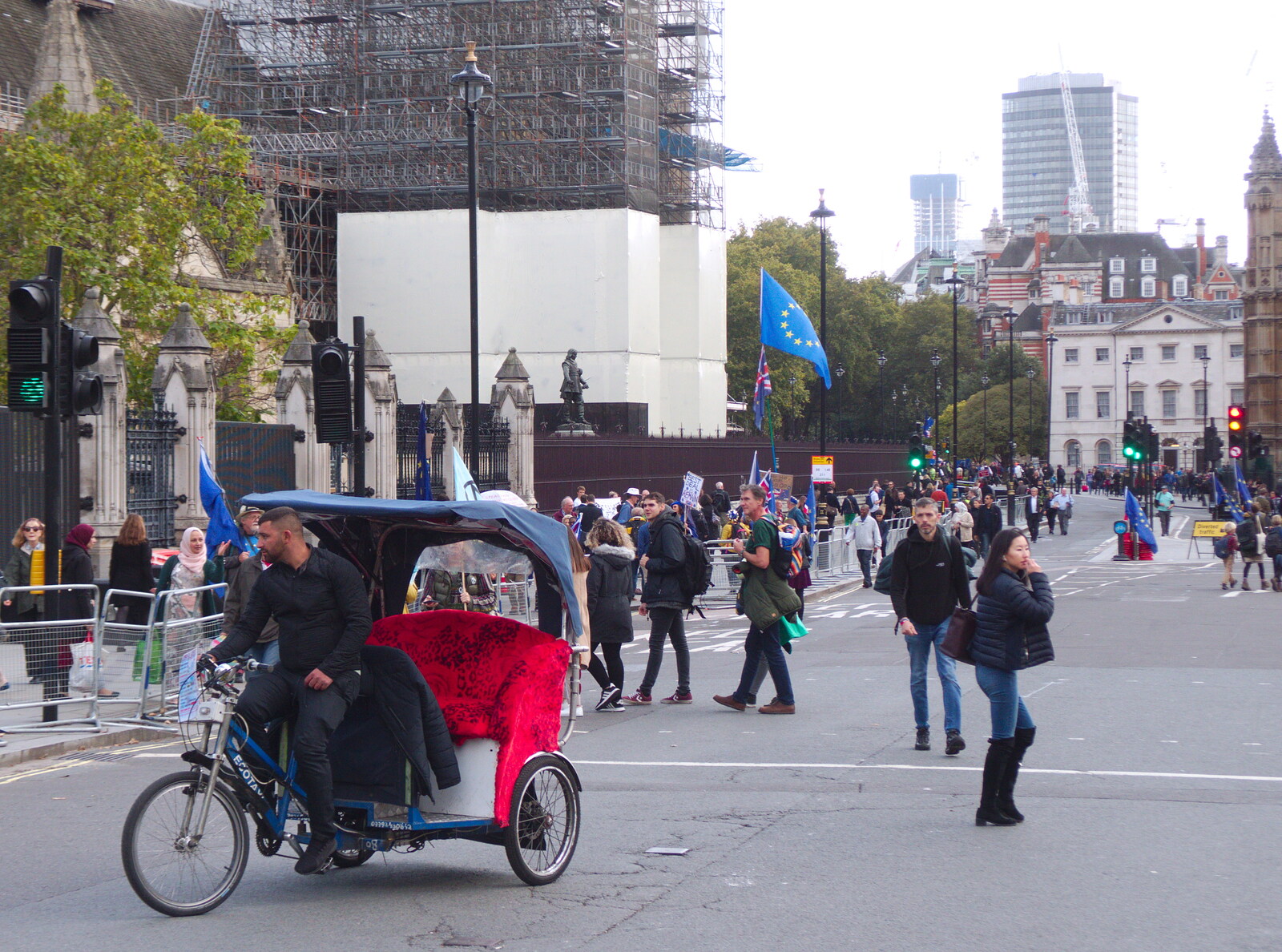 A bicycle rickshaw in Parliament Square from The Extinction Rebellion Protest, Westminster, London - 9th October 2019