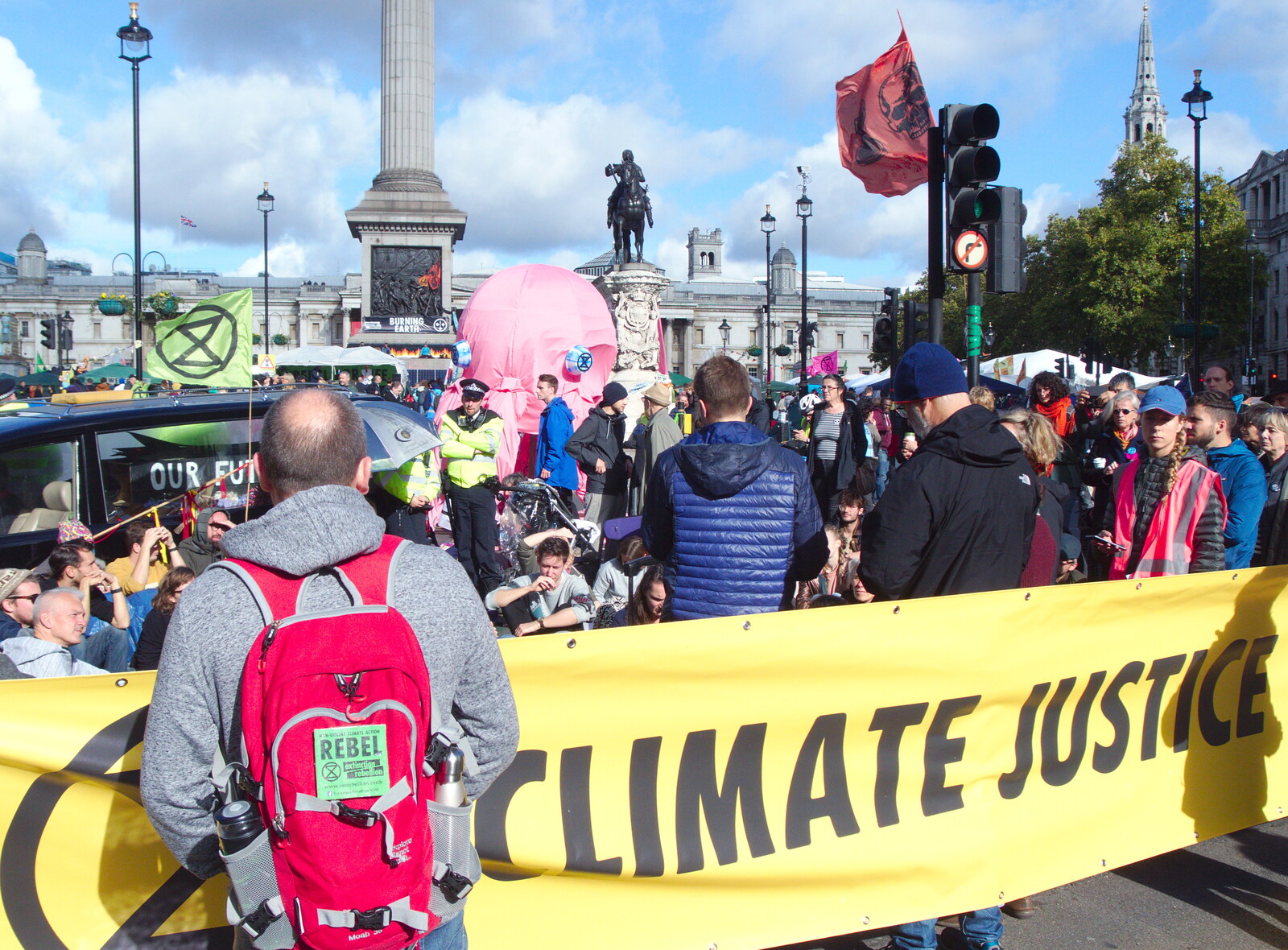 A Climate Justice banner from The Extinction Rebellion Protest, Westminster, London - 9th October 2019