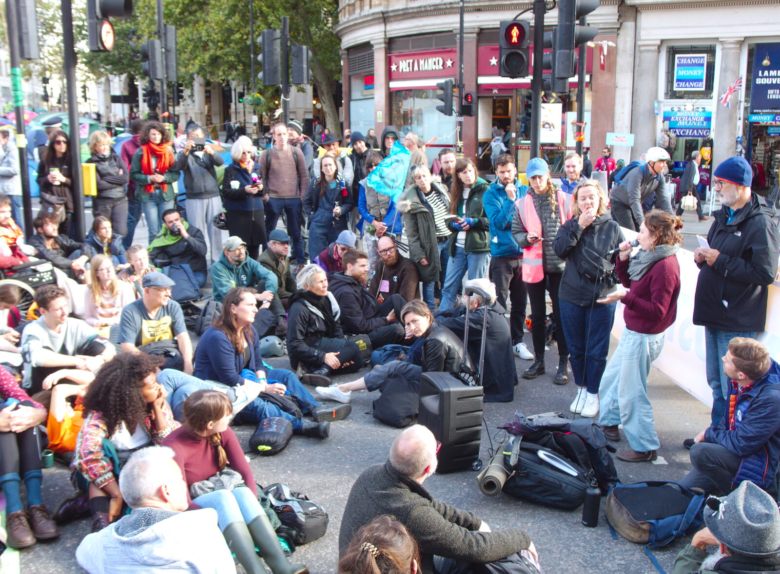 The sit-in protestors get a pep talk from The Extinction Rebellion Protest, Westminster, London - 9th October 2019