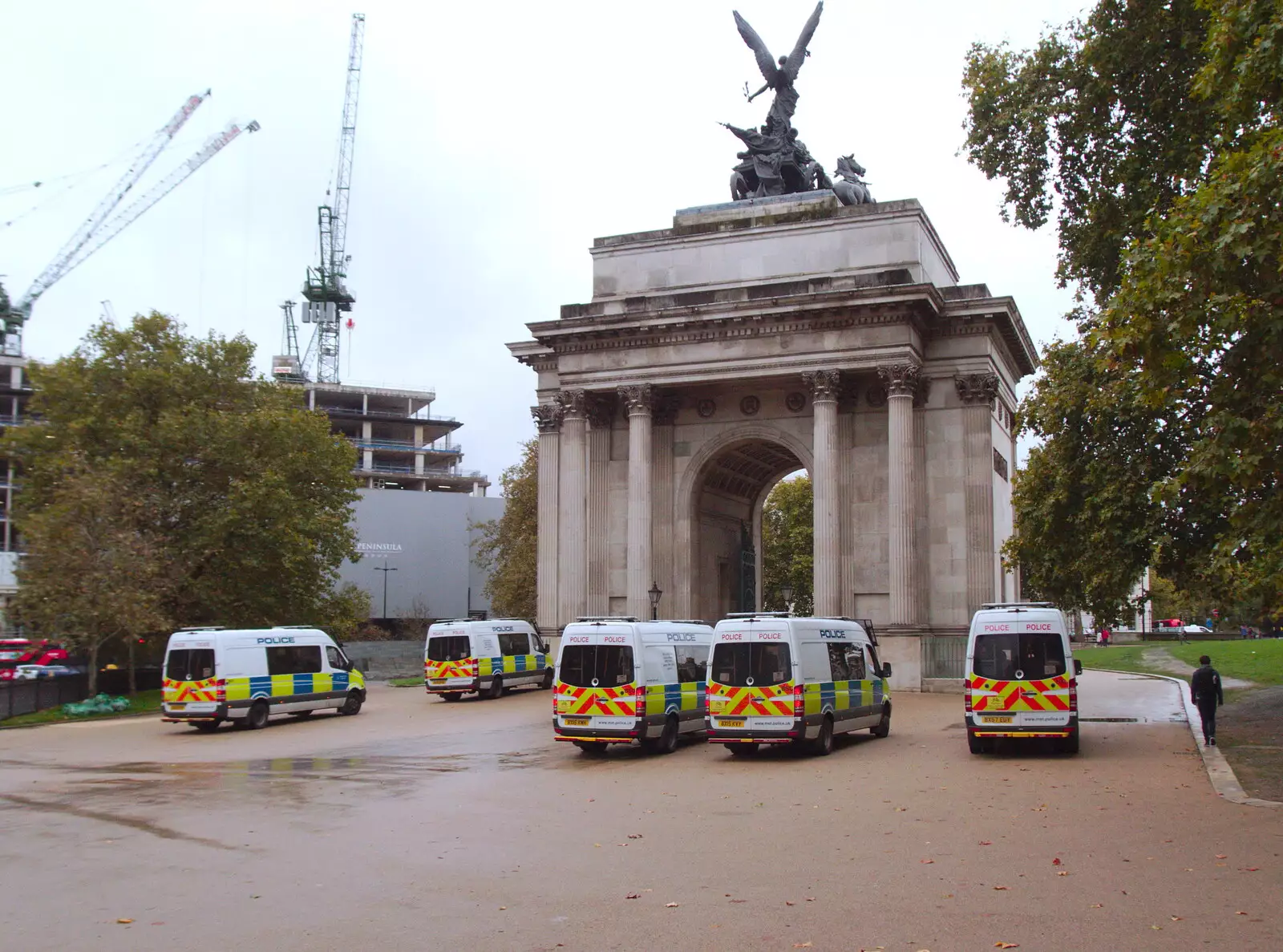 The riot vans are parked up at Wellington Memorial, from The GSB at Stowlangtoft, Beavers, and More XR Rebellions, Suffolk, Norfolk and London - 16th October 2019