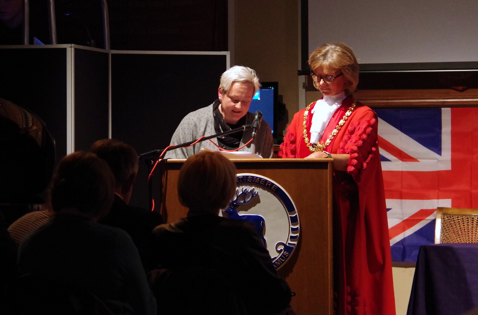 The Mayor of Eye gets her speech translated from The GSB at a Twinning Anniversary, Hartismere, Eye, Suffolk - 24th October 2019