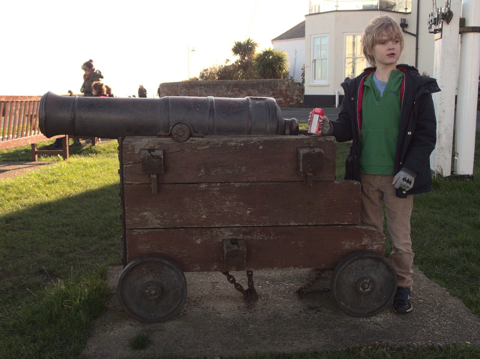 Fred gets a photo of Harry on a cannon from A Trip up a Lighthouse, Southwold, Suffolk - 27th October 2019