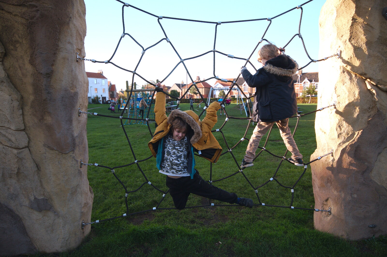 Fred and Harry mess around in the playground from A Trip up a Lighthouse, Southwold, Suffolk - 27th October 2019