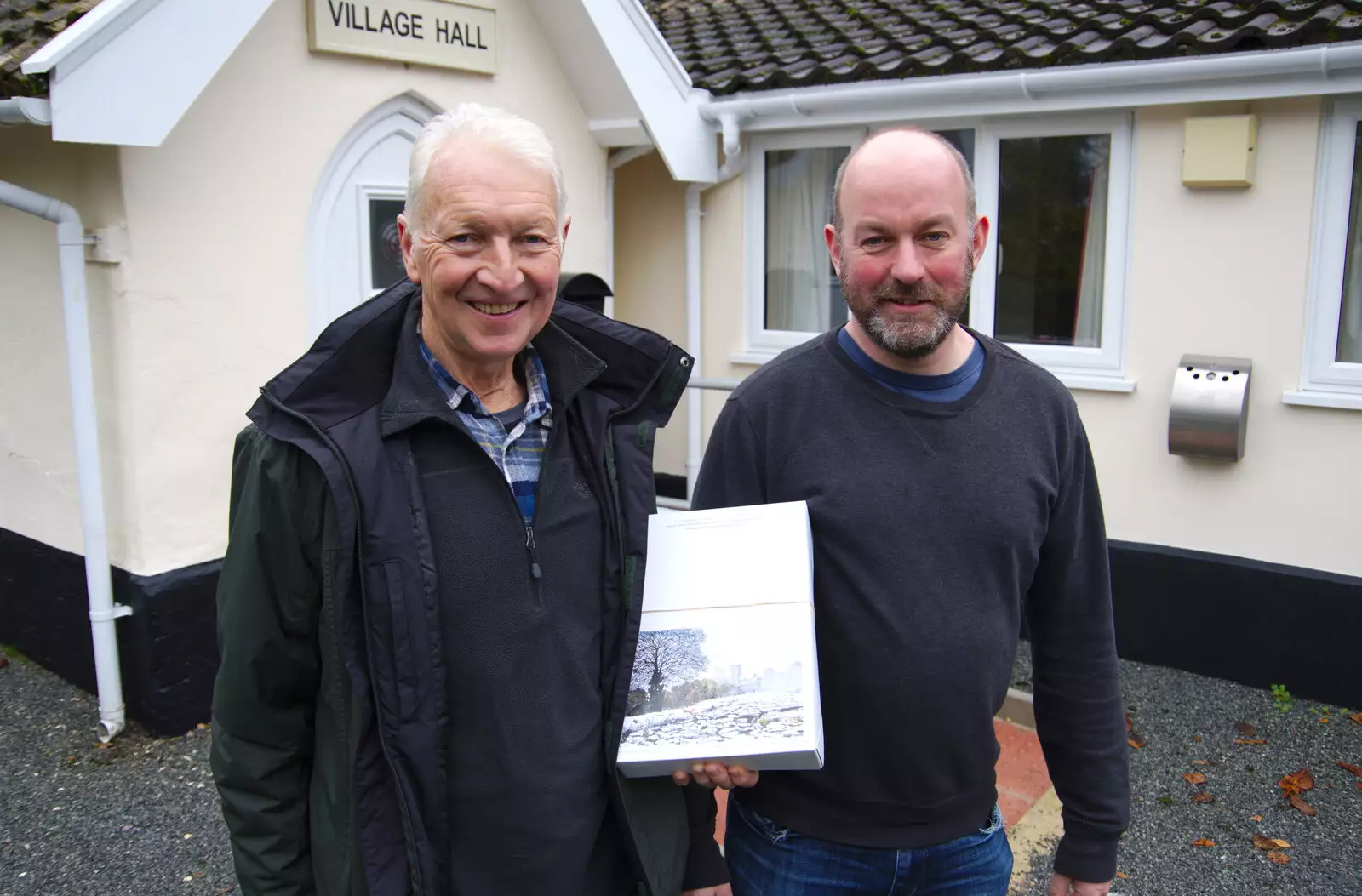 John Parry and David pose outside the village hall, from Day of the Dead Party at the Oaksmere, Brome, Suffolk - 2nd November 2019