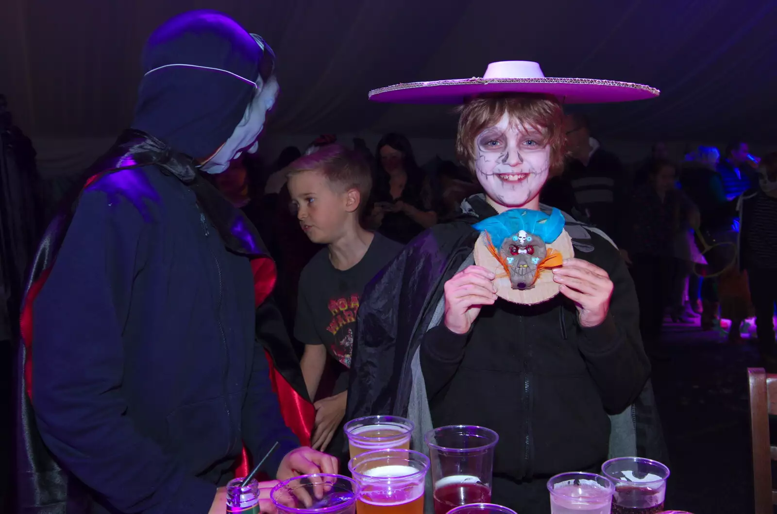 Fred models a thing he's made, from Day of the Dead Party at the Oaksmere, Brome, Suffolk - 2nd November 2019