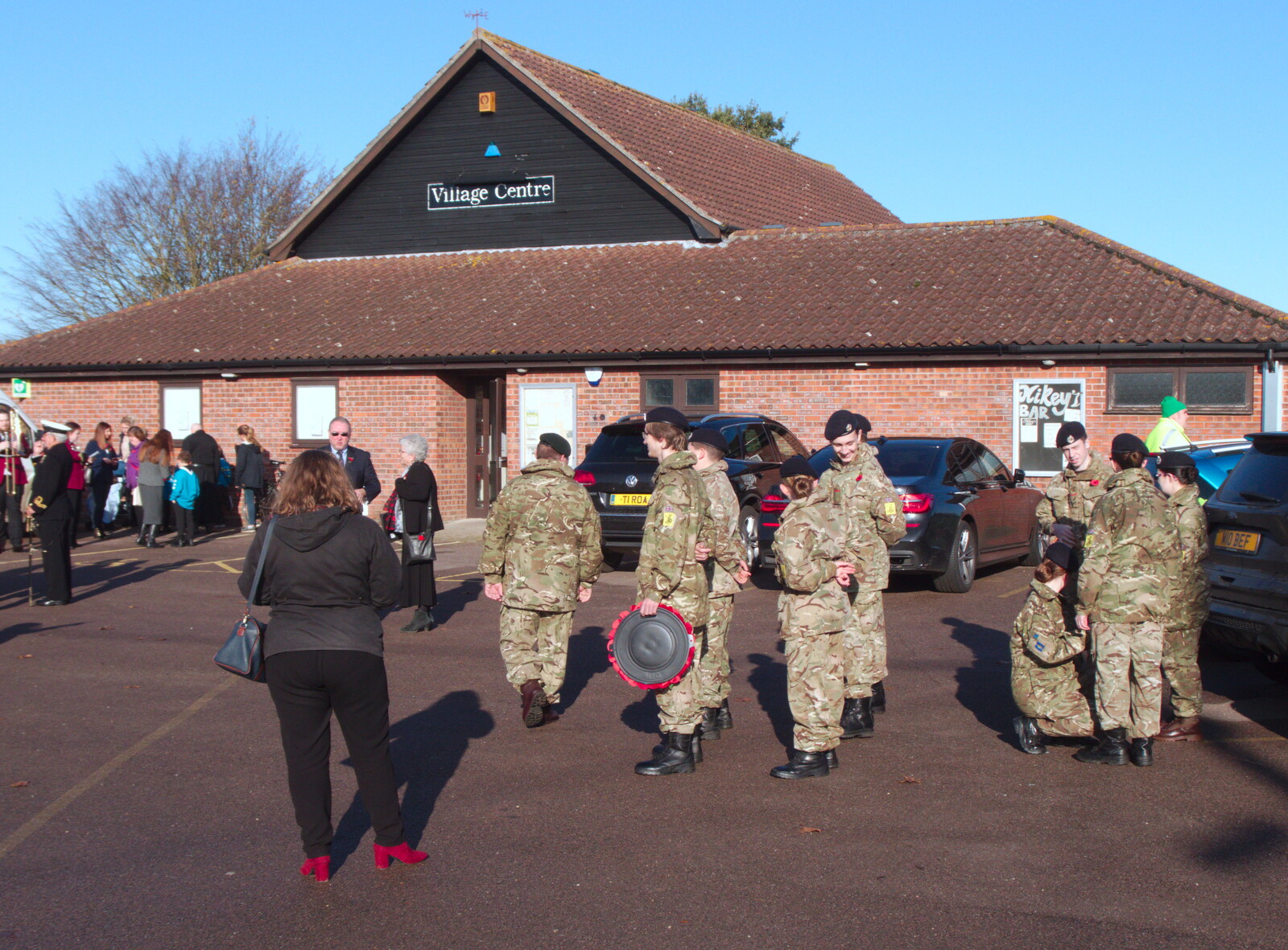 Army cadets hang around outside the village hall from The GSB at Dickleburgh, and Samia Malik at the Bank, Eye, Suffolk - 11th November 2019