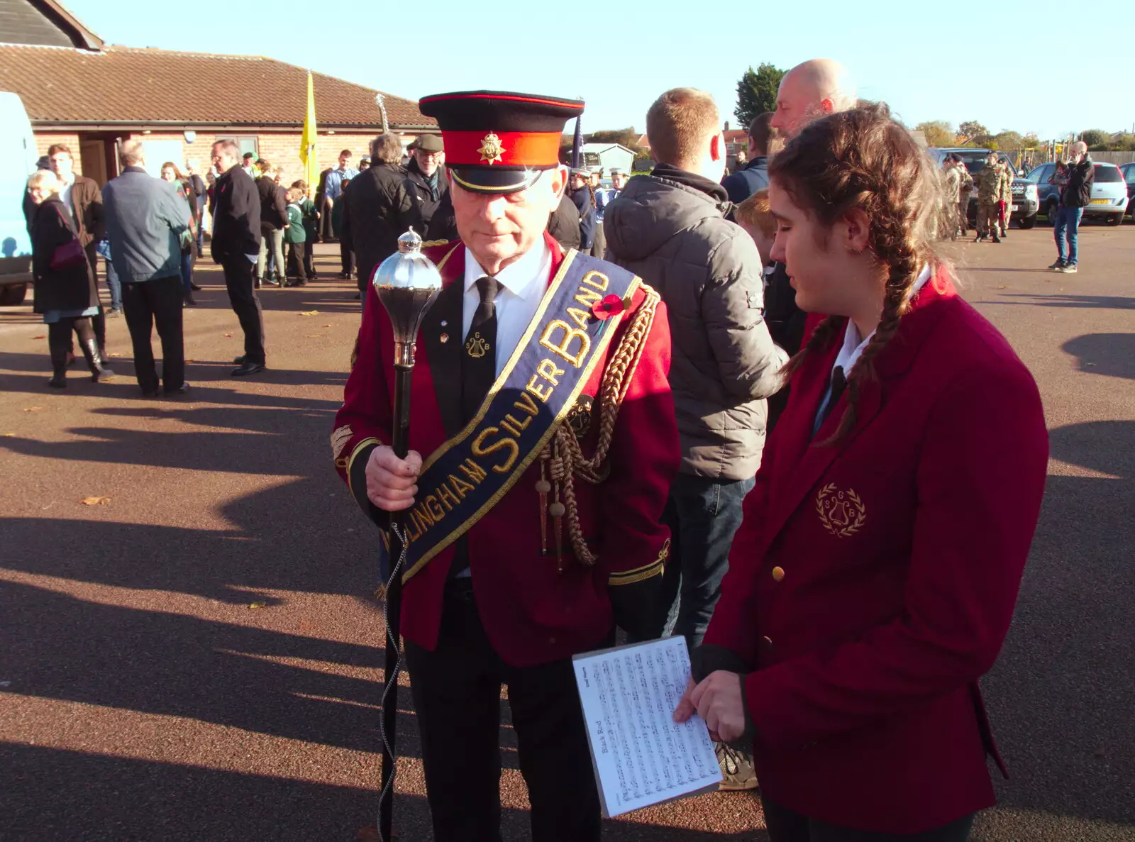 Terry the drum major, and Elizabeth, from The GSB at Dickleburgh, and Samia Malik at the Bank, Eye, Suffolk - 11th November 2019