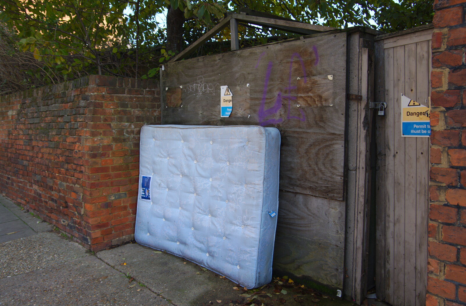 A mattress leans folornly up against a fence from Exam Day Dereliction, Ipswich, Suffolk - 13th November 2019