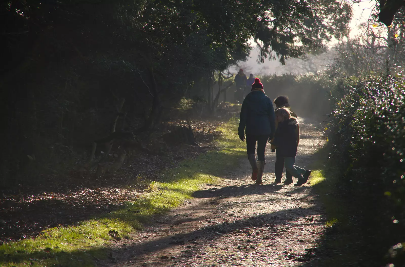 Isobel, Fred and Harry tread a misty path, from The Tiles of Ickworth House, Horringer, Suffolk - 30th November 2019