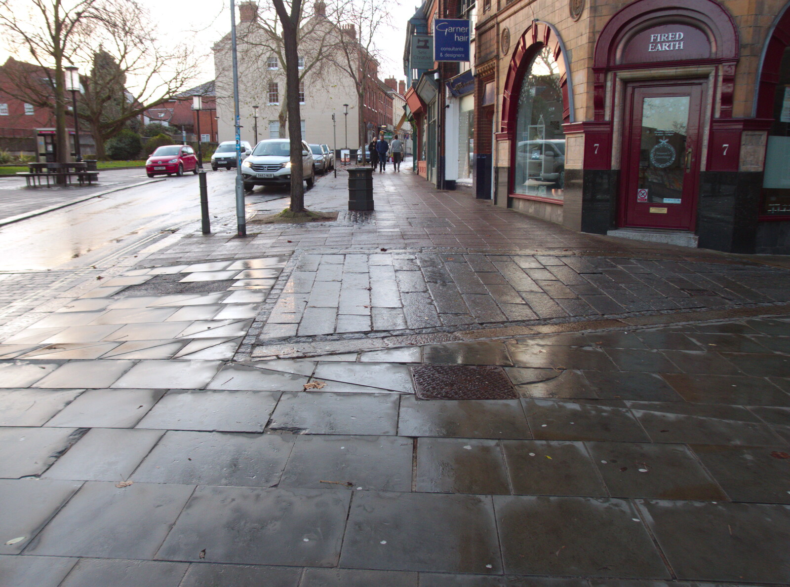 Wet pavement outside Fired Earth from Norwich in Ninety, and Christmas Trees, Norwich and Diss - 8th December 2019