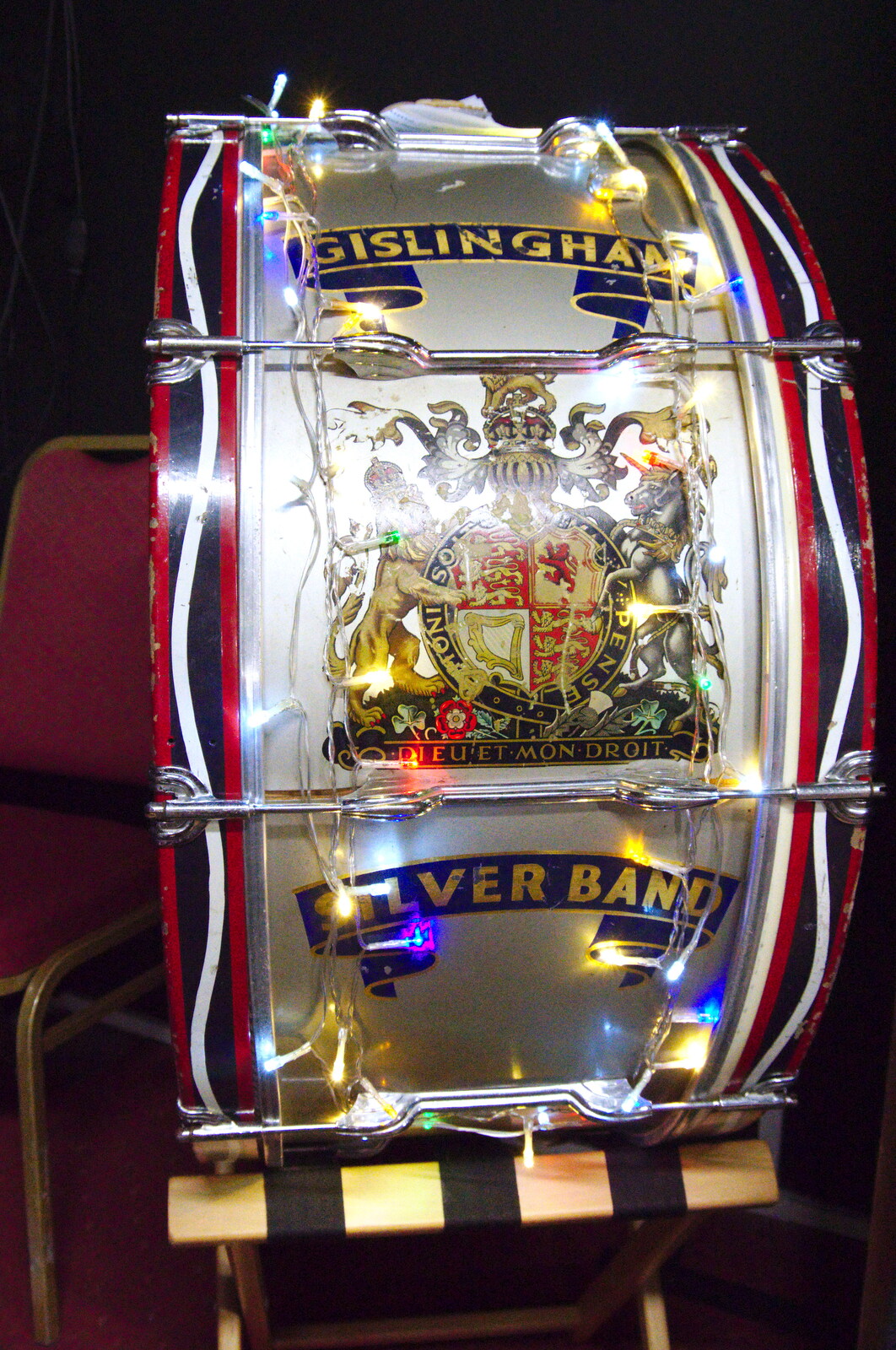 Terry's done the bass drum up with fairy lights from GSB Concerts and the BSCC Christmas Dinner, Suffolk - 13th December 2019