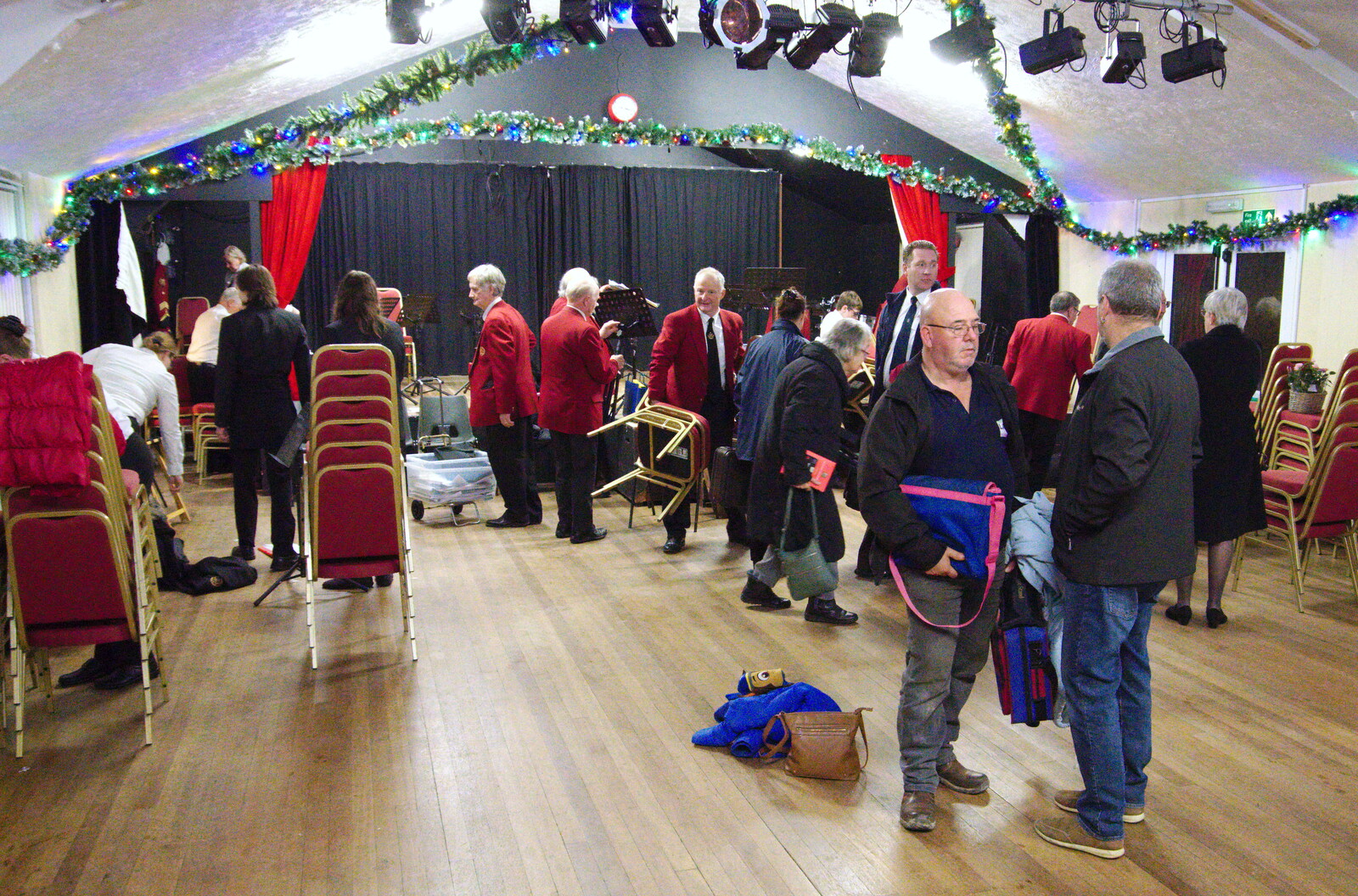 The band help put chairs away after the gig from GSB Concerts and the BSCC Christmas Dinner, Suffolk - 13th December 2019