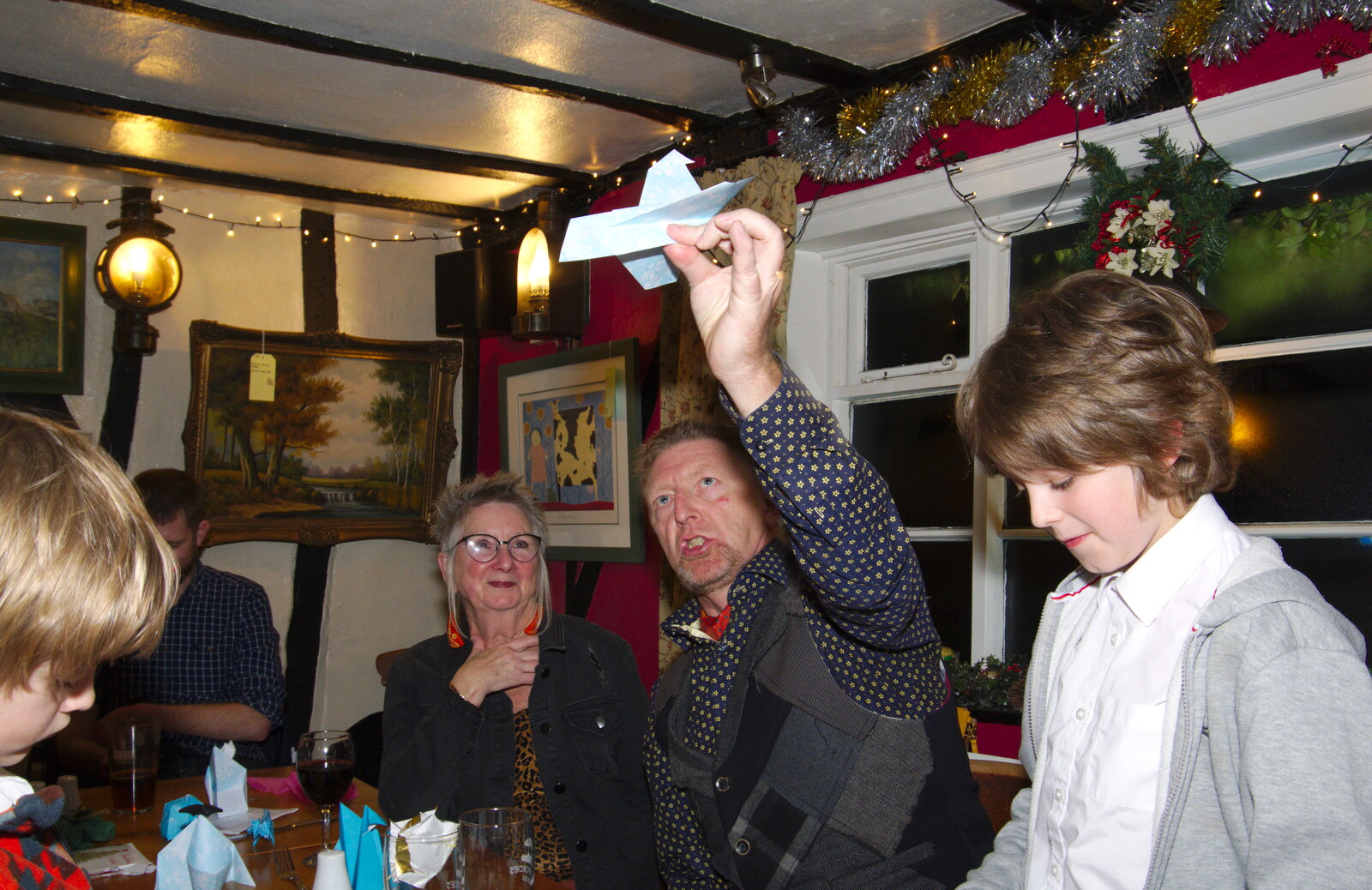 Gaz has a paper plane from GSB Concerts and the BSCC Christmas Dinner, Suffolk - 13th December 2019