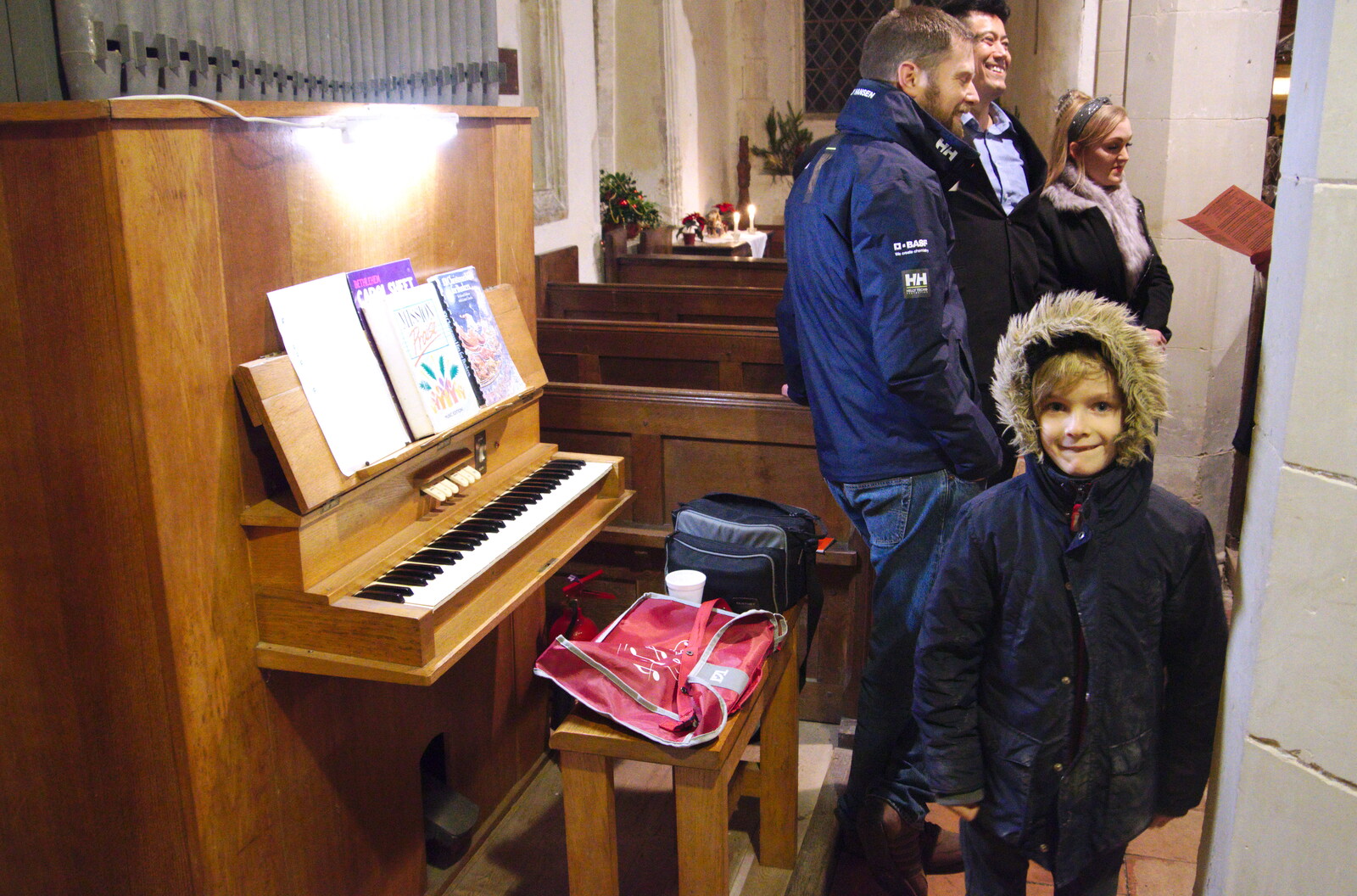 Harry messes around near the organ from The GSB at Thornham Magna and Yaxley Cherry Tree, Suffolk - 15th December 2019