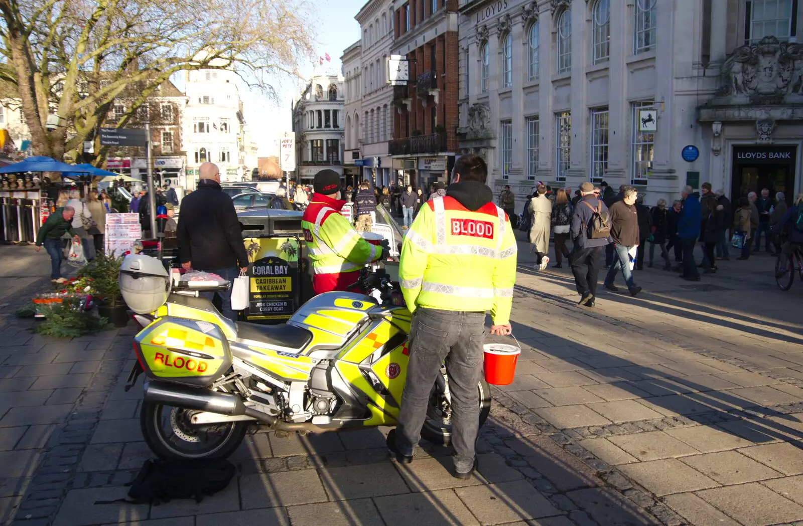 Blood riders do a collection on Gentleman's Walk, from A Spot of Christmas Shopping, Norwich, Norfolk - 23rd December 2019