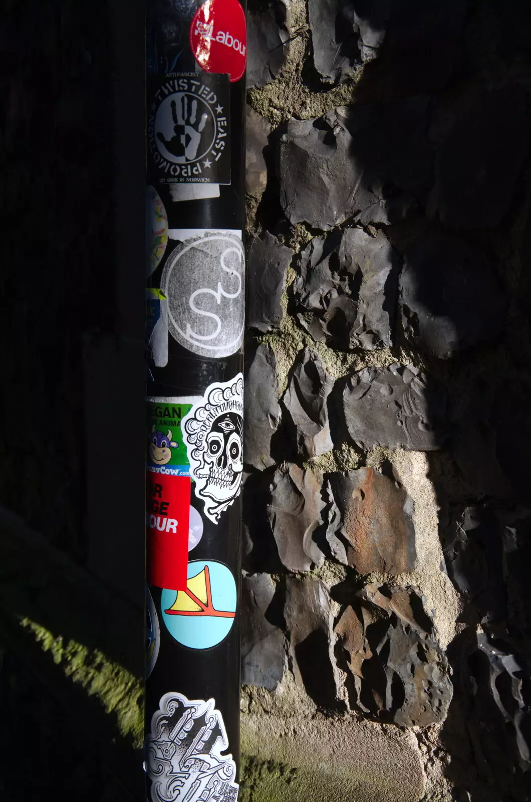 Stickers on a post, in the sun, from A Spot of Christmas Shopping, Norwich, Norfolk - 23rd December 2019